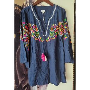 Mud Pie Navy Embroidered Tunic Top Boho Colorful Swimsuit Cover‎ Size Medium